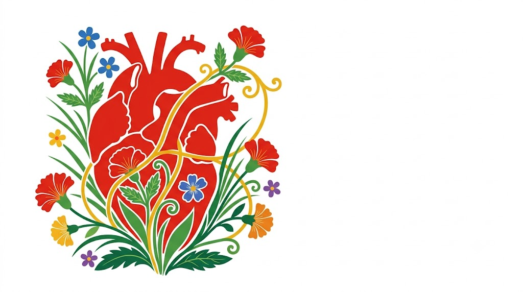 A flat folk-art vector illustration of a human heart encircled by stylised flowers and curling vines on a white background.