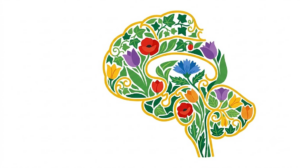 A flat folk-art vector illustration of a human brain and brainstem filled with stylised flowers, leaves and golden vine scrollwork on a white background.
