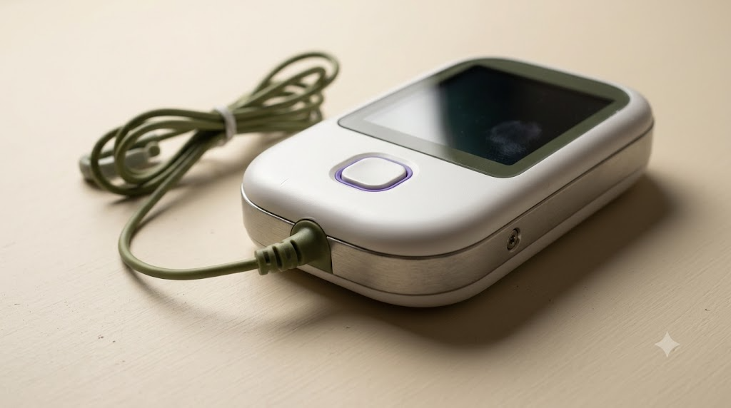 A compact unbranded nerve stimulator with a single button and an ear clip cable on a cream board.