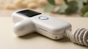 A small handheld nerve stimulator with a rounded probe tip resting on a cream painted board.