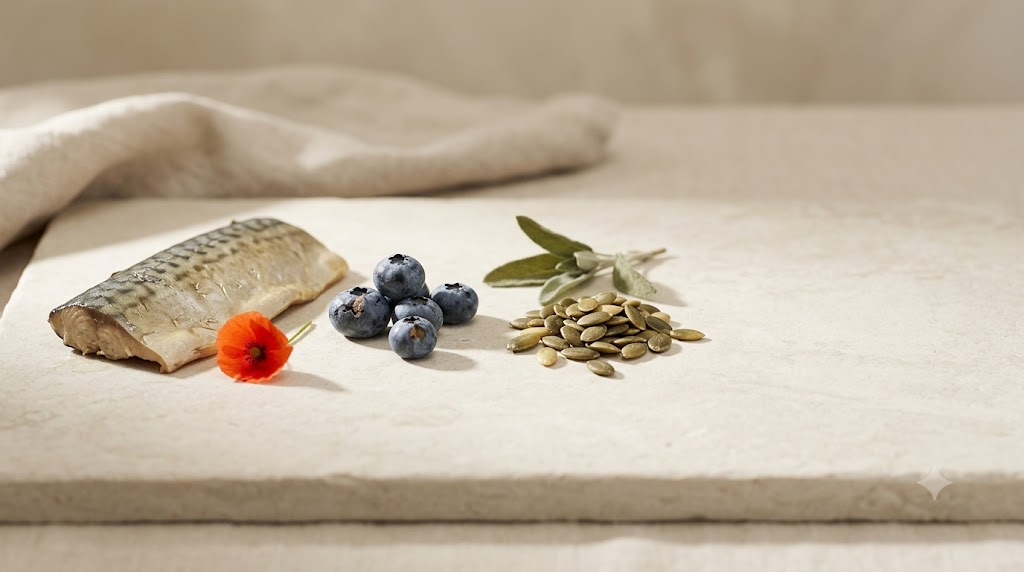 A piece of oily mackerel, blueberries and pumpkin seeds arranged in a row on a pale stone slab.