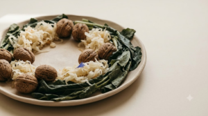 Sauerkraut, walnuts and dark leafy greens arranged in a loose ring on a shallow raw clay dish in soft daylight.