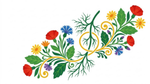 A flat vector illustration of a human vagus nerve framed by mirrored folk-art botanical sprays on white.