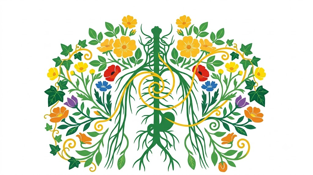 A flat folk-art vector illustration of the human vagus nerve framed by stylised flowers, leaves and curling vines on a white background.