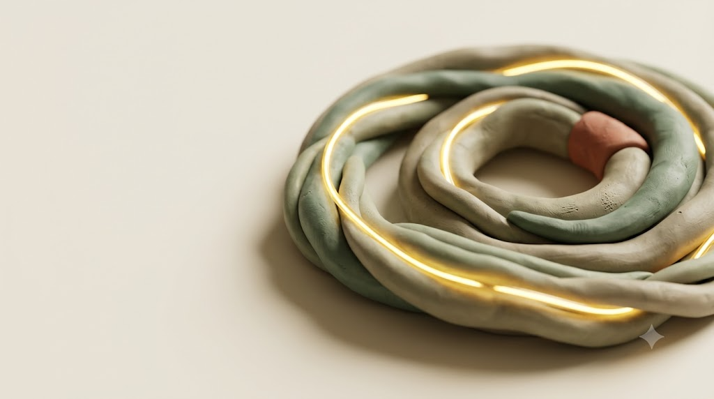 Macro clay cord coiled in a loose spiral in sage and putty with a terracotta tip, traced by a single bright golden thread.