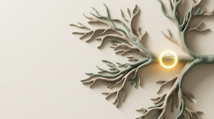 A soft matte clay render of a nerve pathway branching outward like a river delta, with a single bright golden light element on a warm cream background.