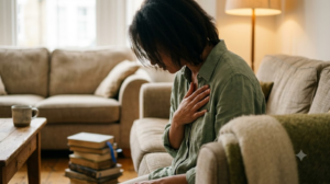 A close, warm photograph of a person seated on a sofa humming with one hand resting flat on their chest, head lowered.