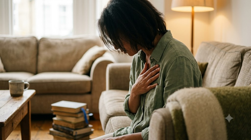 A close, warm photograph of a person seated on a sofa humming with one hand resting flat on their chest, head lowered.