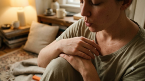 A person breathing out slowly with their eyes closed in a warm room