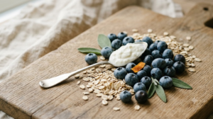 A still life photograph of plain yoghurt with blueberries and rolled oats on a plain pale surface.