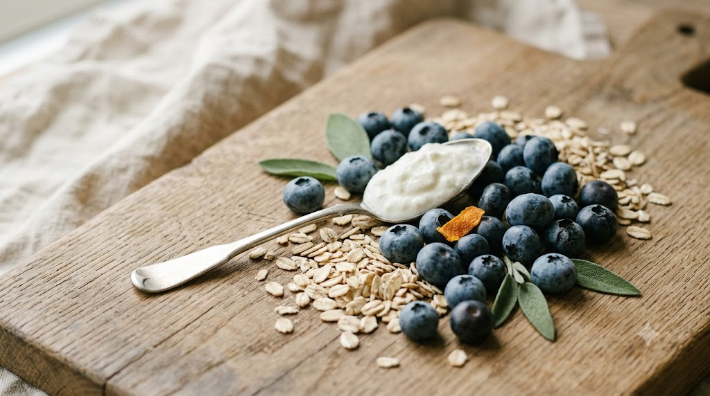 A still life photograph of plain yoghurt with blueberries and rolled oats on a plain pale surface.