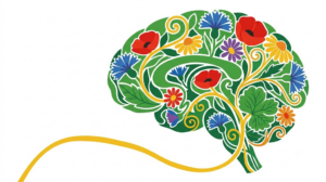 A flat vector illustration of a human brainstem surrounded by folk-art botanicals.