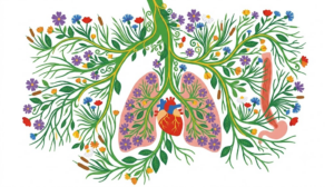 A flat folk-art vector illustration of the branching vagus nerve over the heart and lungs with cornflowers and daisies.