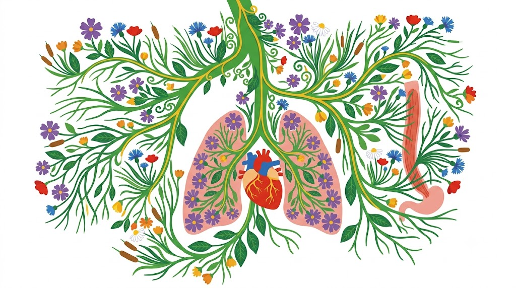 A flat folk-art vector illustration of the branching vagus nerve over the heart and lungs with cornflowers and daisies.