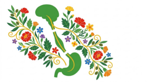 A flat folk-art vector illustration of the vagus nerve between mirrored sprays of marigolds, blossoms and olive on a white background.