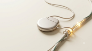 Close-up of an implantable vagus nerve stimulator with its lead coiled around a nerve strand carrying a glowing golden pulse