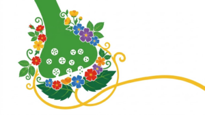 A flat folk-art illustration of a nerve ending holding tiny round neurotransmitter vesicles, with clusters of wild roses and buttercups tucked along its outline.