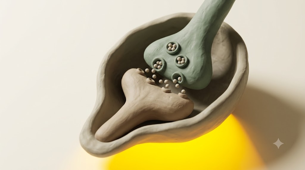 A sculpted matte clay nerve ending releasing neurotransmitter molecules, with one bright golden light element.