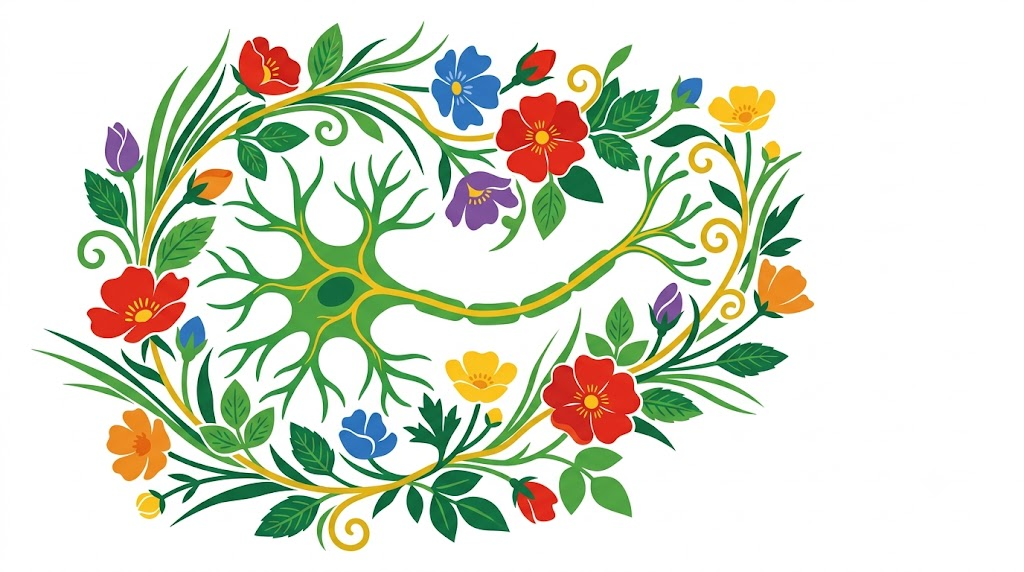 A flat folk-art vector illustration of a human nerve cell encircled by wild roses, buttercups and grasses.