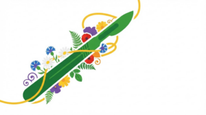 A flat vector folk-art illustration of a surgical scalpel with a spray of stylised flowers and leaves on a white background.