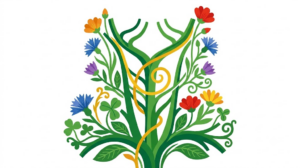 A flat vector folk-art illustration of a human vagus nerve in the neck with stylised cornflowers and daisies climbing around it on a white background.