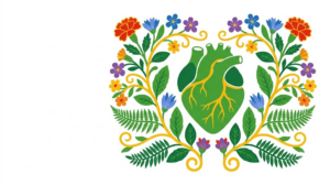 Flat vector folk-art illustration of a frog heart, surrounded by stylised blooms and foliage on a white background.
