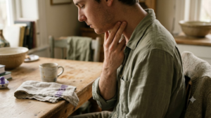 A person tracing two fingers down the side of their own throat in a warm, lived-in room.