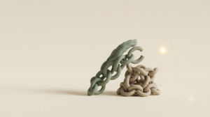 Small clay sculpture of interlocking sage and putty chain links with one link open, beside a single golden spark of light.