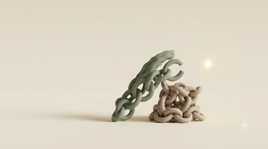 Small clay sculpture of interlocking sage and putty chain links with one link open, beside a single golden spark of light.