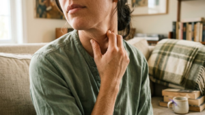 A person massaging the side of their own neck with two fingers on a sofa in soft window light.