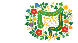 A flat folk-art vector illustration of a human large intestine encircled by a wreath of wild roses, buttercups and ivy on white.