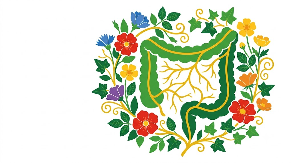 A flat folk-art vector illustration of a human large intestine encircled by a wreath of wild roses, buttercups and ivy on white.