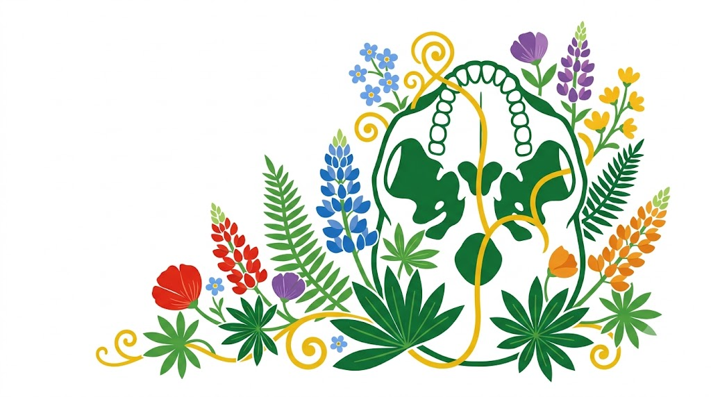 A flat vector folk-art illustration of a human skull seen from below, framed by stylised leaves and flowers.