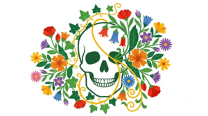 A flat folk-art vector illustration of a human skull with a spray of bellflowers, asters and ivy fanning from one side.