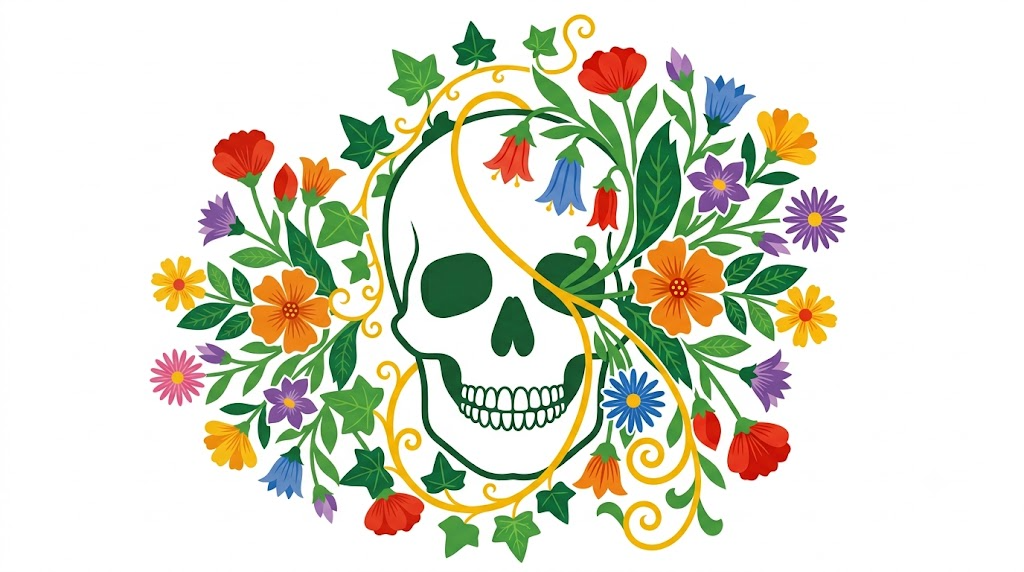 A flat folk-art vector illustration of a human skull with a spray of bellflowers, asters and ivy fanning from one side.