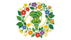 A flat vector illustration of a human brainstem encircled by a folk-art wreath of flowers on white.