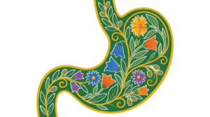 Flat vector folk-art illustration of a human stomach outlined in gold and filled with stylised flowers on a white background.