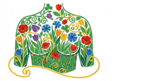 A flat folk-art vector illustration of a human torso filled with poppies, tulips and clover leaves on a white background.