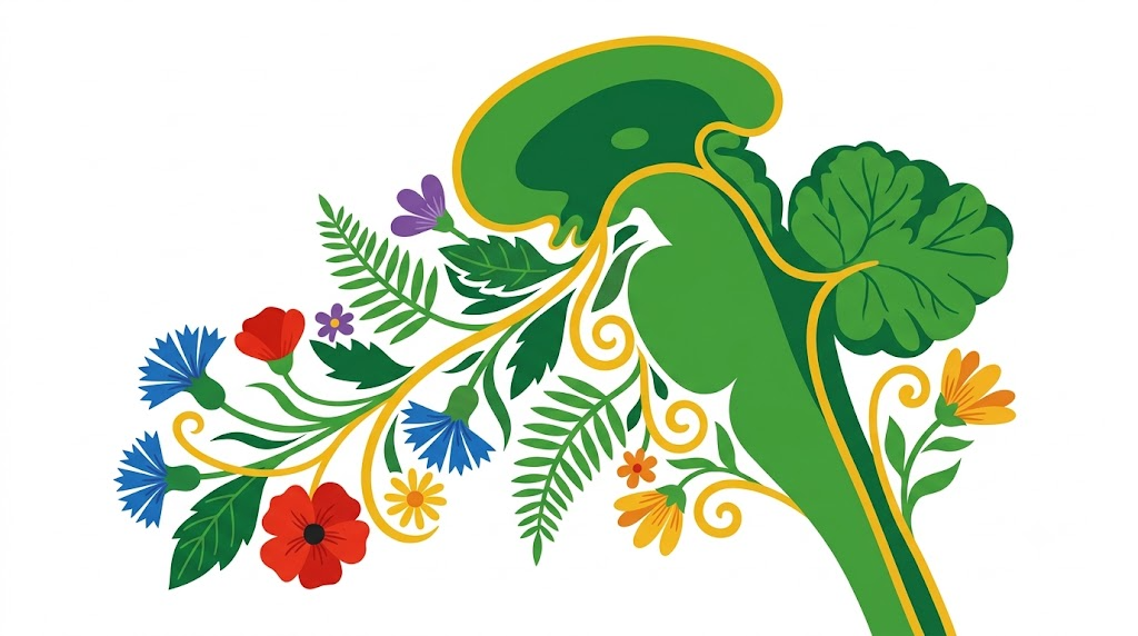 Flat vector illustration of a human brainstem with stylised flowers and leaves on a white background.
