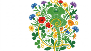 A flat vector folk-art illustration of a brainstem and spinal cord with a stylised flower garden behind it.