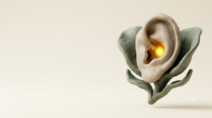 A sculpted matte clay human ear, marked by one bright golden light element.