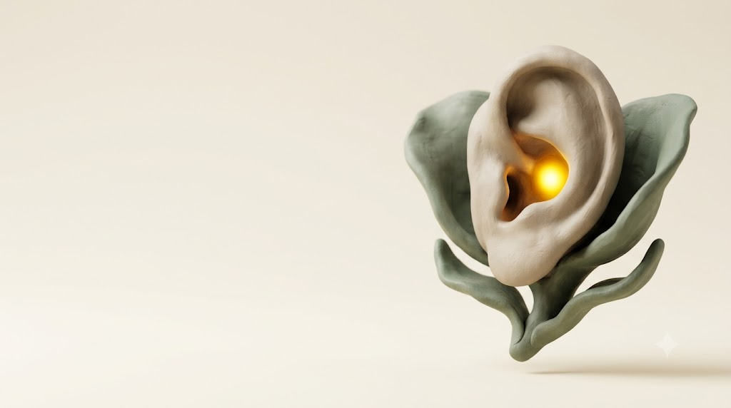 A sculpted matte clay human ear, marked by one bright golden light element.