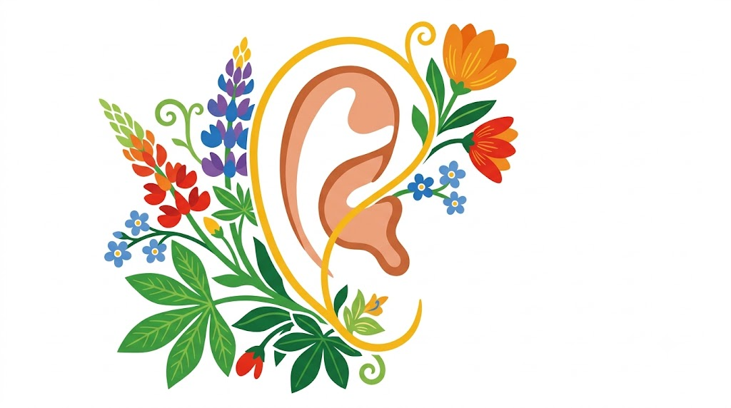 A flat folk-art vector illustration of a human outer ear framed by stylised lupins, tulips and leaves with a golden vine on a white background.