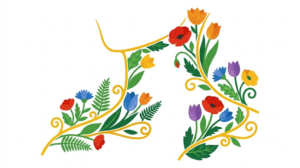 Flat vector illustration of a human neck in profile surrounded by stylised flowers and leaves on a white background.
