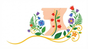 Flat vector illustration of a human neck in profile with the vagus nerve beside the windpipe, framed by mirrored sprays of bellflowers and asters.
