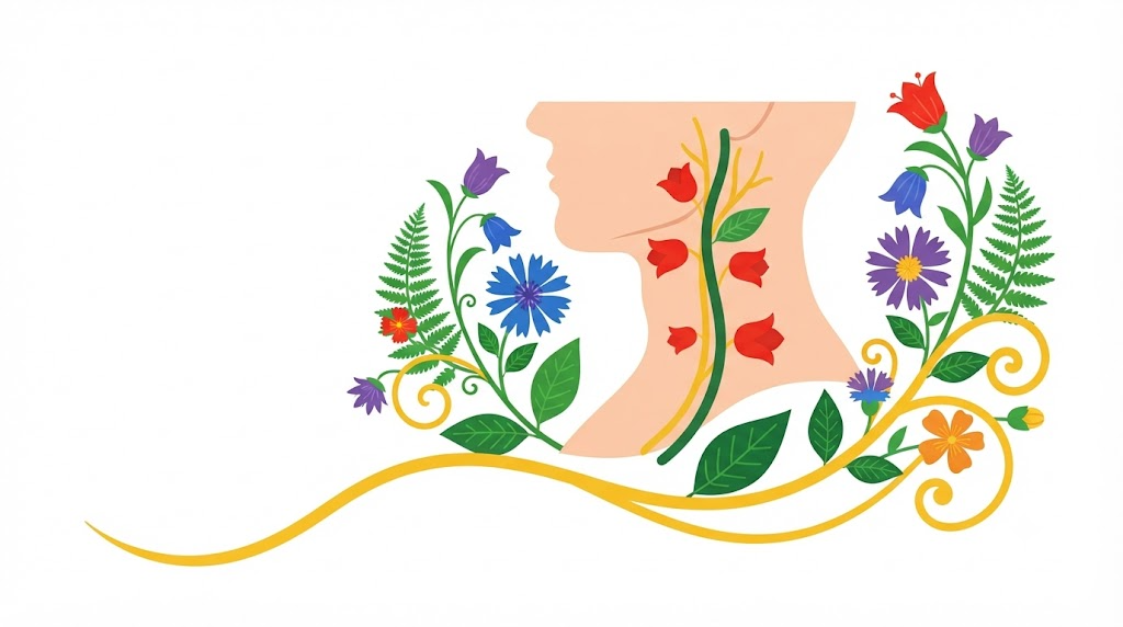 Flat vector illustration of a human neck in profile with the vagus nerve beside the windpipe, framed by mirrored sprays of bellflowers and asters.