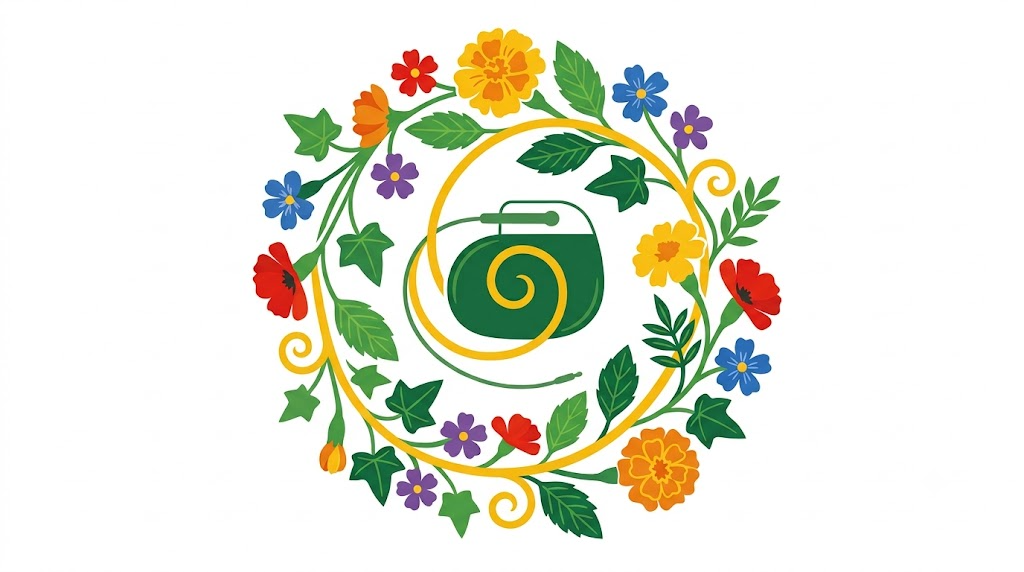 Flat vector folk-art illustration of an implantable pulse generator with a coiled lead wire ringed by stylised flowers on a white background.