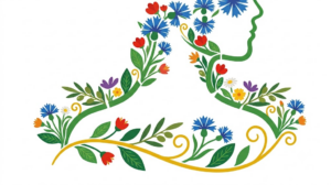 Flat vector illustration of a neck and shoulders in profile framed by cornflowers, daisies and olive sprigs.