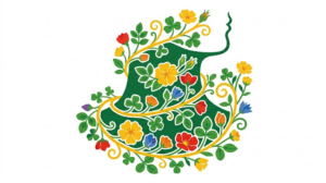 A flat vector folk-art illustration of a human neck and throat in profile framed by stylised vines and flowers.