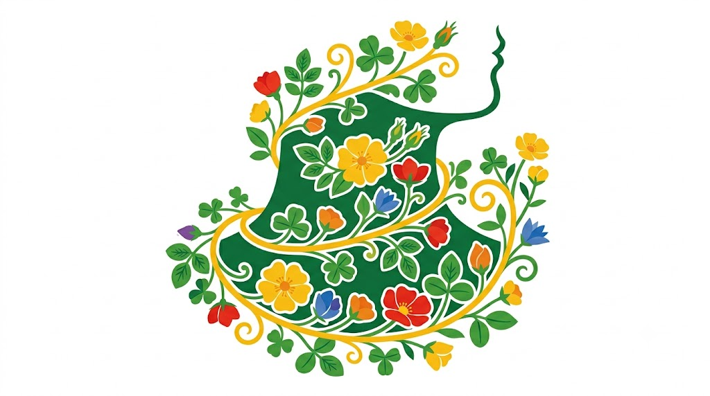 A flat vector folk-art illustration of a human neck and throat in profile framed by stylised vines and flowers.